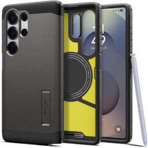 Samsung Galaxy S25 Ultra SM-S938, Szilikon tok + műanyag hátlap, Magsafe töltővel kompatibilis, kitámasztóval, Spigen Tough Armor Mag, sötétszürke