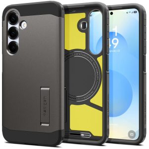 Samsung Galaxy S25 SM-S931, Szilikon tok + műanyag hátlap, Magsafe töltővel kompatibilis, kitámasztóval, Spigen Tough Armor Mag, sötétszürke