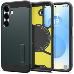 Samsung Galaxy S25 SM-S931, Szilikon tok + műanyag hátlap, Magsafe töltővel kompatibilis, kitámasztóval, Spigen Tough Armor Mag, sötétzöld