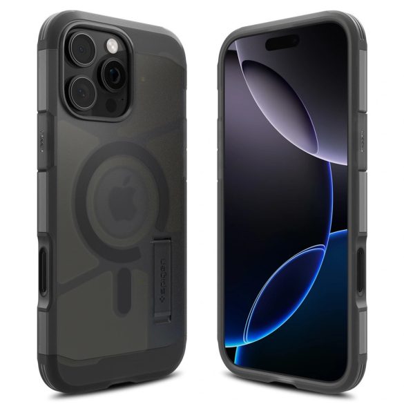 Apple iPhone 16 Pro Max, Szilikon tok + műanyag hátlap, Magsafe töltővel kompatibilis, kitámasztóval, érintő funkciós gombfedéllel, matt, Spigen Tough Armor "T" Mag, fekete