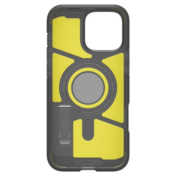 Apple iPhone 16 Pro Max, Szilikon tok + műanyag hátlap, Magsafe töltővel kompatibilis, kitámasztóval, érintő funkciós gombfedéllel, matt, Spigen Tough Armor "T" Mag, fekete