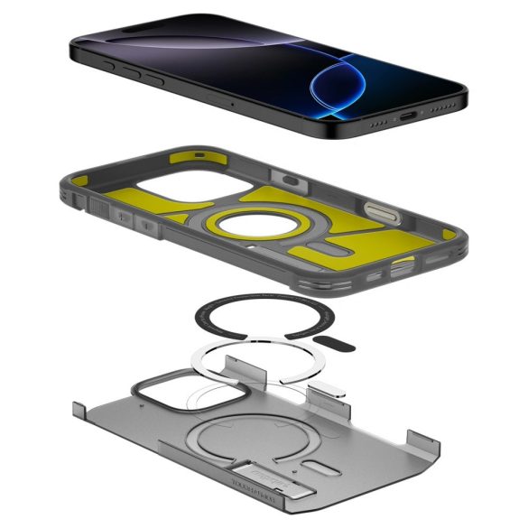 Apple iPhone 16 Pro Max, Szilikon tok + műanyag hátlap, Magsafe töltővel kompatibilis, kitámasztóval, érintő funkciós gombfedéllel, matt, Spigen Tough Armor "T" Mag, fekete