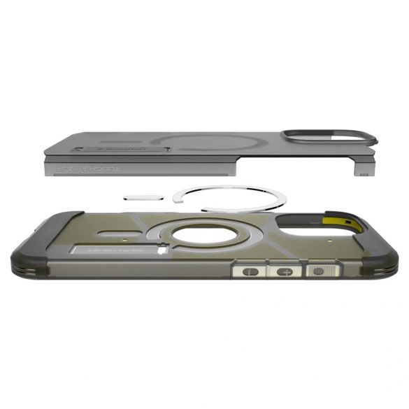 Apple iPhone 16 Pro Max, Szilikon tok + műanyag hátlap, Magsafe töltővel kompatibilis, kitámasztóval, érintő funkciós gombfedéllel, matt, Spigen Tough Armor "T" Mag, fekete