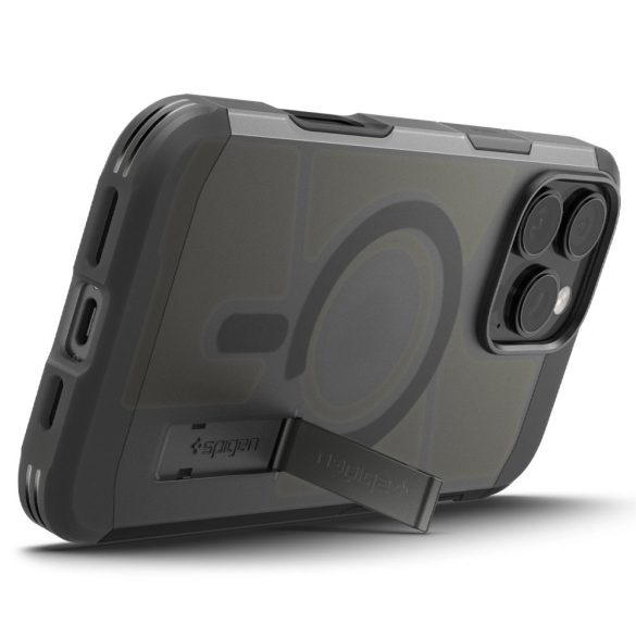 Apple iPhone 16 Pro Max, Szilikon tok + műanyag hátlap, Magsafe töltővel kompatibilis, kitámasztóval, érintő funkciós gombfedéllel, matt, Spigen Tough Armor "T" Mag, fekete