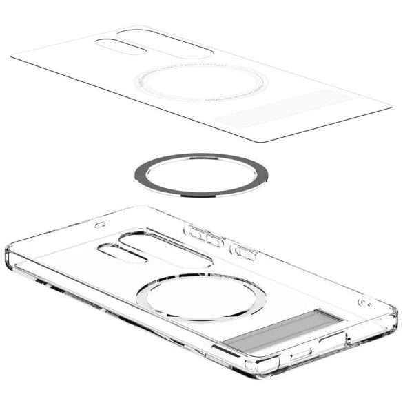 Samsung Galaxy S25 Ultra SM-S938, Műanyag hátlap védőtok + szilikon keret, kitámasztóval, Magsafe töltővel kompatibilis, Spigen Ultra Hybrid "S" Mag, átlátszó/fehér