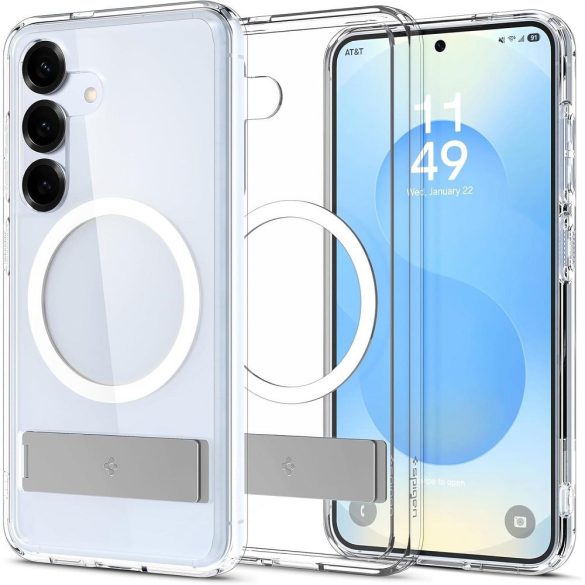 Samsung Galaxy S25 SM-S931, Műanyag hátlap védőtok + szilikon keret, kitámasztóval, Magsafe töltővel kompatibilis, Spigen Ultra Hybrid "S" Mag, átlátszó/fehér