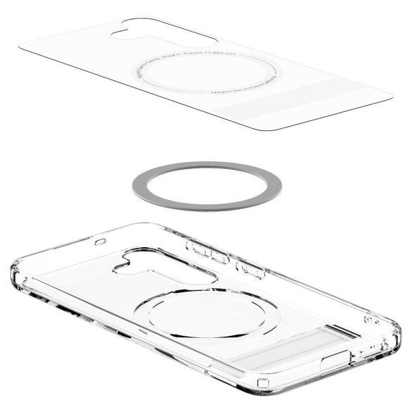 Samsung Galaxy S25 SM-S931, Műanyag hátlap védőtok + szilikon keret, kitámasztóval, Magsafe töltővel kompatibilis, Spigen Ultra Hybrid "S" Mag, átlátszó/fehér