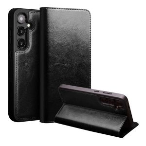 Samsung Galaxy S25 SM-S931, Oldalra nyíló tok, valódi bőrtok, Qialino, fekete