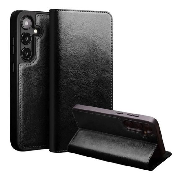 Samsung Galaxy S25 SM-S931, Oldalra nyíló tok, valódi bőrtok, Qialino, fekete