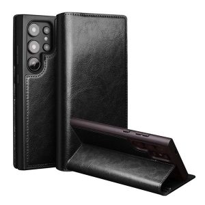 Samsung Galaxy S25 Ultra SM-S938, Oldalra nyíló tok, valódi bőrtok, Qialino, fekete