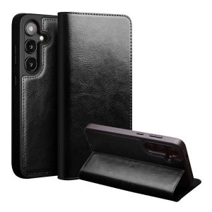 Samsung Galaxy S25 Plus SM-S936, Oldalra nyíló tok, valódi bőrtok, Qialino, fekete