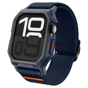 Apple Watch 10 (46 mm), textíl pótszíj, szilikon keret, közepesen ütésálló, Spigen Lite Fite Pro, sötétkék