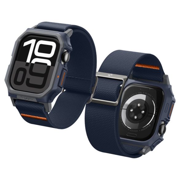 Apple Watch 10 (46 mm), textíl pótszíj, szilikon keret, közepesen ütésálló, Spigen Lite Fite Pro, sötétkék