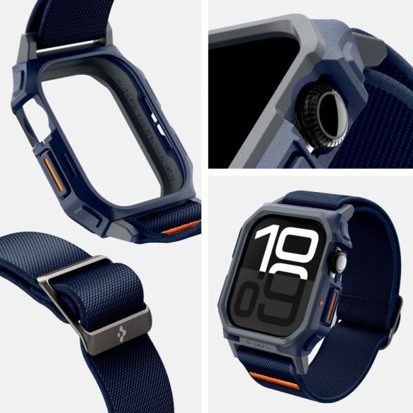 Apple Watch 10 (46 mm), textíl pótszíj, szilikon keret, közepesen ütésálló, Spigen Lite Fite Pro, sötétkék