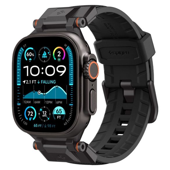 Apple Watch 4-6, SE, SE (2022) (42 / 44 mm) / Watch 7-9 (45 mm) / Watch 10 (46 mm) / Watch Ultra 1-2 (49 mm), szilikon pótszíj, fém csatlakozással,  Spigen DuraPro Armor Black Edition, fekete