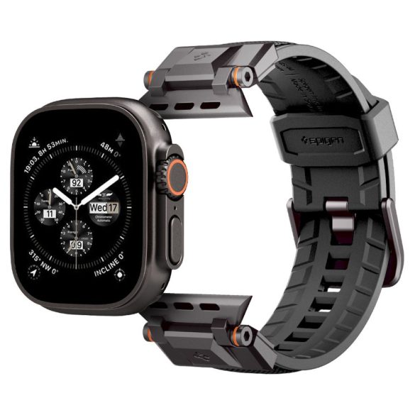 Apple Watch 4-6, SE, SE (2022) (42 / 44 mm) / Watch 7-9 (45 mm) / Watch 10 (46 mm) / Watch Ultra 1-2 (49 mm), szilikon pótszíj, fém csatlakozással,  Spigen DuraPro Armor Black Edition, fekete
