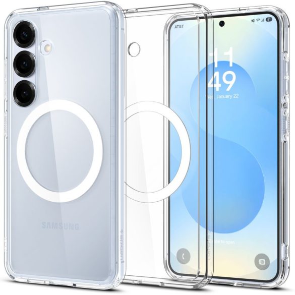 Samsung Galaxy S25 Plus SM-S936, Műanyag hátlap védőtok + szilikon keret, Magsafe töltővel kompatibilis, Spigen Ultra Hybrid Mag, átlátszó/fehér