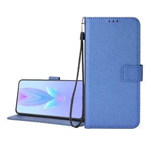 Huawei Honor Magic 7 Lite / X9c / X60 Pro, Oldalra nyíló tok, stand, rombusz minta, csatos, kézpánttal, kék