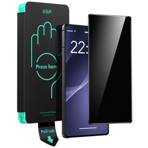 Samsung Galaxy S25 Ultra SM-S938, Kijelzővédő fólia, ütésálló fólia (az íves részre is!), Tempered Glass (edzett üveg), segéd kerettel, betekintés elleni védelem, ESR Privacy, fekete