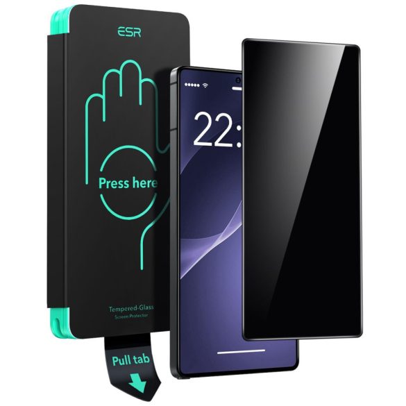 Samsung Galaxy S25 Ultra SM-S938, Kijelzővédő fólia, ütésálló fólia (az íves részre is!), Tempered Glass (edzett üveg), segéd kerettel, betekintés elleni védelem, ESR Privacy, fekete