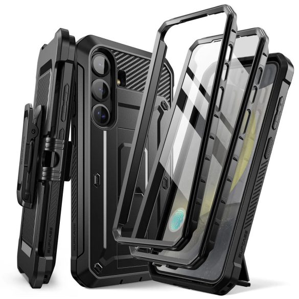 Samsung Galaxy S25 Plus SM-S936, Műanyag hátlap védőtok + képernyővédő, 2 db előlapi kerettel, közepesen ütésálló, telefontartó gyűrű, kitámasztóval, övre fűzhető, SupCase Unicorn Beetle Pro, fekete