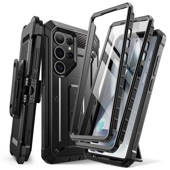 Samsung Galaxy S25 Ultra SM-S938, Műanyag hátlap védőtok + képernyővédő, 2 db előlapi kerettel, közepesen ütésálló, telefontartó gyűrű, kitámasztóval, övre fűzhető, SupCase Unicorn Beetle Pro, fekete