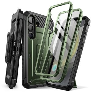 Samsung Galaxy S25 SM-S931, Műanyag hátlap védőtok + képernyővédő, 2 db előlapi kerettel, közepesen ütésálló, telefontartó gyűrű, kitámasztóval, övre fűzhető, SupCase Unicorn Beetle Pro, sötétzöld