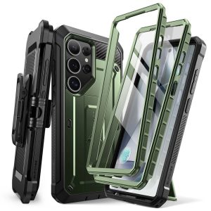 Samsung Galaxy S25 Ultra SM-S938, Műanyag hátlap védőtok + képernyővédő, 2 db előlapi kerettel, közepesen ütésálló, telefontartó gyűrű, kitámasztóval, övre fűzhető, SupCase Unicorn Beetle Pro, sötétzöld