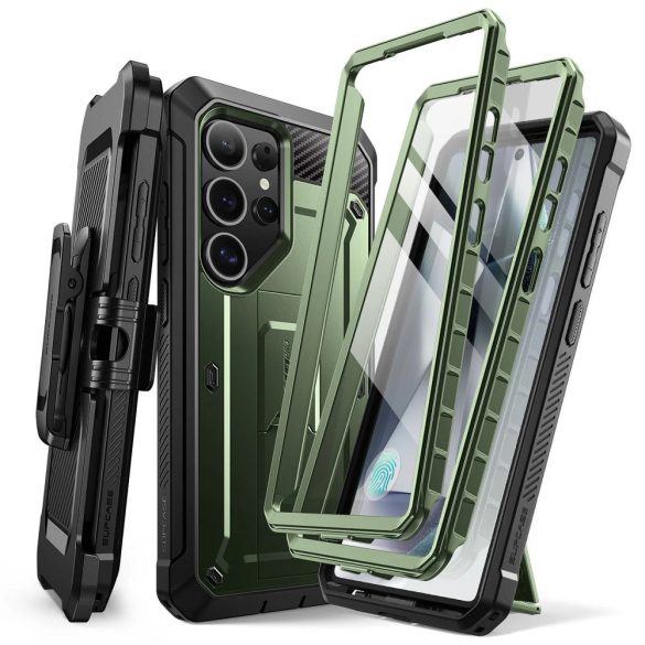 Samsung Galaxy S25 Ultra SM-S938, Műanyag hátlap védőtok + képernyővédő, 2 db előlapi kerettel, közepesen ütésálló, telefontartó gyűrű, kitámasztóval, övre fűzhető, SupCase Unicorn Beetle Pro, sötétzöld