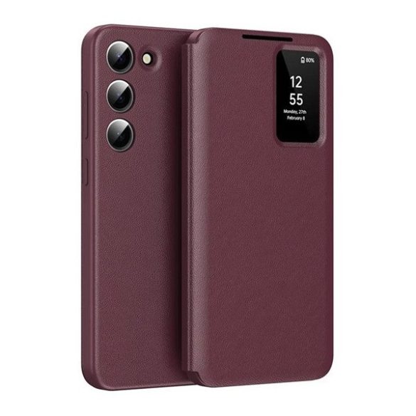 Samsung Galaxy S24 Ultra SM-S928, Oldalra nyíló tok, hívás mutatóval, kártyatartóval, Smart View Cover, bordó