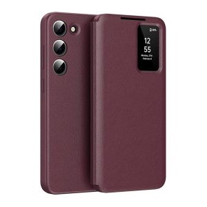 Samsung Galaxy S23 Ultra SM-S918, Oldalra nyíló tok, hívás mutatóval, kártyatartóval, Smart View Cover, bordó