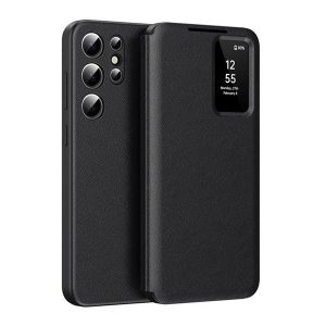 Samsung Galaxy S22 Ultra 5G SM-S908, Oldalra nyíló tok, hívás mutatóval, kártyatartóval, Smart View Cover, fekete