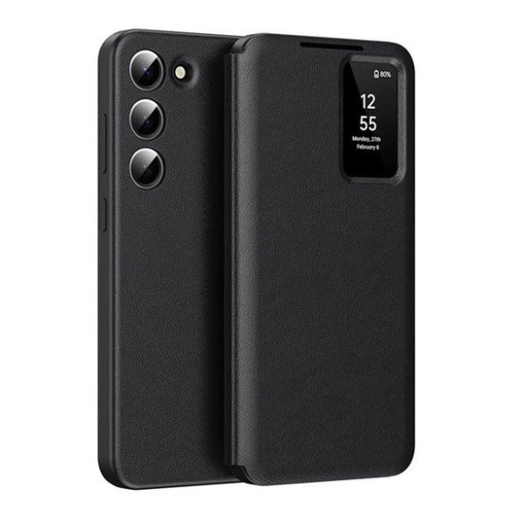 Samsung Galaxy S25 Plus SM-S936, Oldalra nyíló tok, hívás mutatóval, kártyatartóval, Smart View Cover, fekete