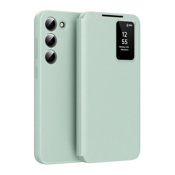 Samsung Galaxy S23 Ultra SM-S918, Oldalra nyíló tok, hívás mutatóval, kártyatartóval, Smart View Cover, világoszöld