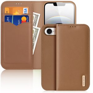 Apple iPhone 16e, Oldalra nyíló tok, valódi bőrtok, stand, Dux Ducis Hivo, barna