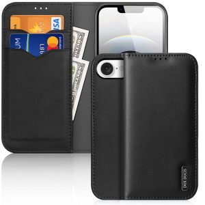 Apple iPhone 16e, Oldalra nyíló tok, valódi bőrtok, stand, Dux Ducis Hivo, fekete