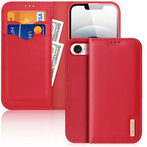 Apple iPhone 16e, Oldalra nyíló tok, valódi bőrtok, stand, Dux Ducis Hivo, piros