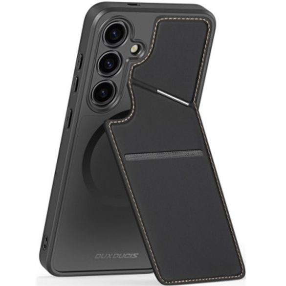 Samsung Galaxy S25 Ultra SM-S938, Műanyag hátlap védőtok + szilikon keret, stand, bőrrel bevont hátlap, kártyatartóval, Magsafe kompatibilis, Dux Ducis Rafi II Mag, fekete