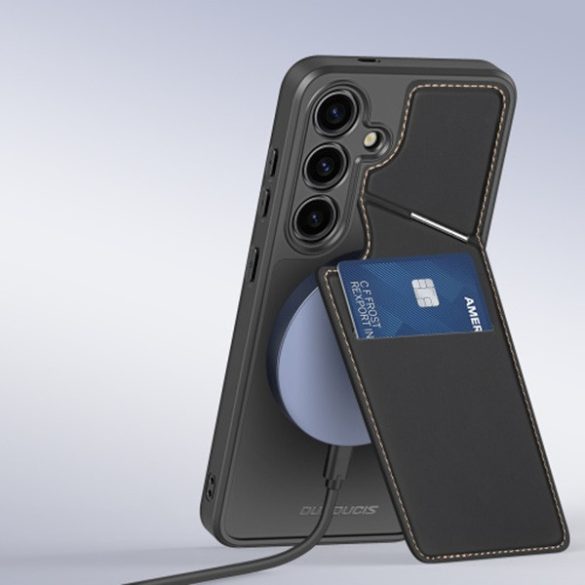 Samsung Galaxy S25 Ultra SM-S938, Műanyag hátlap védőtok + szilikon keret, stand, bőrrel bevont hátlap, kártyatartóval, Magsafe kompatibilis, Dux Ducis Rafi II Mag, fekete