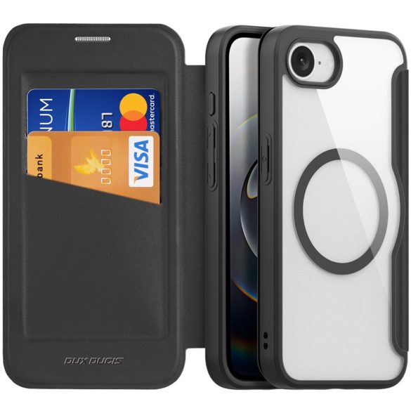 Apple iPhone 16e, Oldalra nyíló tok, stand, közepesen ütésálló, Magsafe kompatibilis, Dux Ducis Skin Pro Magsafe, fekete