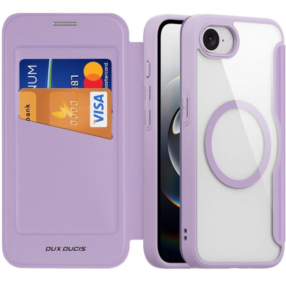Apple iPhone 16e, Oldalra nyíló tok, stand, közepesen ütésálló, Magsafe kompatibilis, Dux Ducis Skin Pro Magsafe, lila