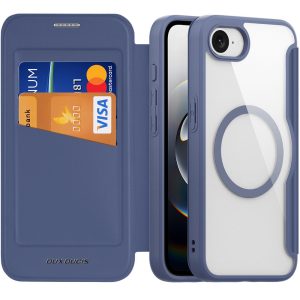 Apple iPhone 16e, Oldalra nyíló tok, stand, közepesen ütésálló, Magsafe kompatibilis, Dux Ducis Skin Pro Magsafe, sötétkék
