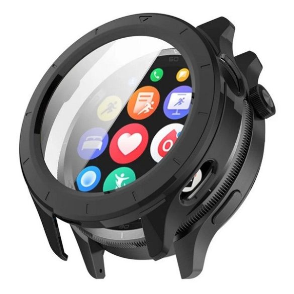 Xiaomi Watch S4, Műanyag védőkeret, kijelzővédő üveggel, közepesen ütésálló, szíj nélkül, fekete