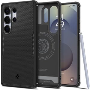 Samsung Galaxy S25 Ultra SM-S938, Szilikon tok, Magsafe töltővel kompatibilis, pöttyös minta, Spigen Core Armor Mag, fekete
