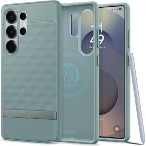Samsung Galaxy S25 Ultra SM-S938, Szilikon tok + műanyag keret, közepesen ütésálló, Magsafe töltővel kompatibilis, 3D hatszög minta, Spigen Caseology Parallax Mag, zöld
