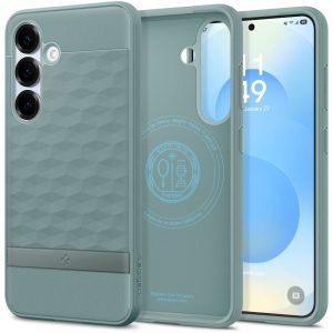 Samsung Galaxy S25 Plus SM-S936, Szilikon tok + műanyag keret, közepesen ütésálló, Magsafe töltővel kompatibilis, 3D hatszög minta, Spigen Caseology Parallax Mag, zöld