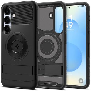 Samsung Galaxy S25 SM-S931, Szilikon tok, műanyag hátlappal, kitámasztóval, Magsafe töltővel kompatibilis, Spigen Slim Armor Mag, fekete