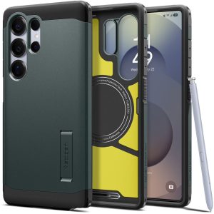 Samsung Galaxy S25 Ultra SM-S938, Szilikon tok + műanyag hátlap, Magsafe töltővel kompatibilis, kitámasztóval, Spigen Tough Armor Mag, sötétzöld