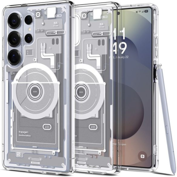 Samsung Galaxy S25 Ultra SM-S938, Műanyag hátlap védőtok + szilikon keret, Magsafe töltővel kompatibilis, Telefon belső minta, Spigen Ultra Hybrid Zero One Mag, átlátszó/fehér