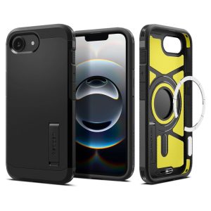 Apple iPhone 16e, Szilikon tok + műanyag hátlap, Magsafe töltővel kompatibilis, kitámasztóval, Spigen Tough Armor Mag, fekete